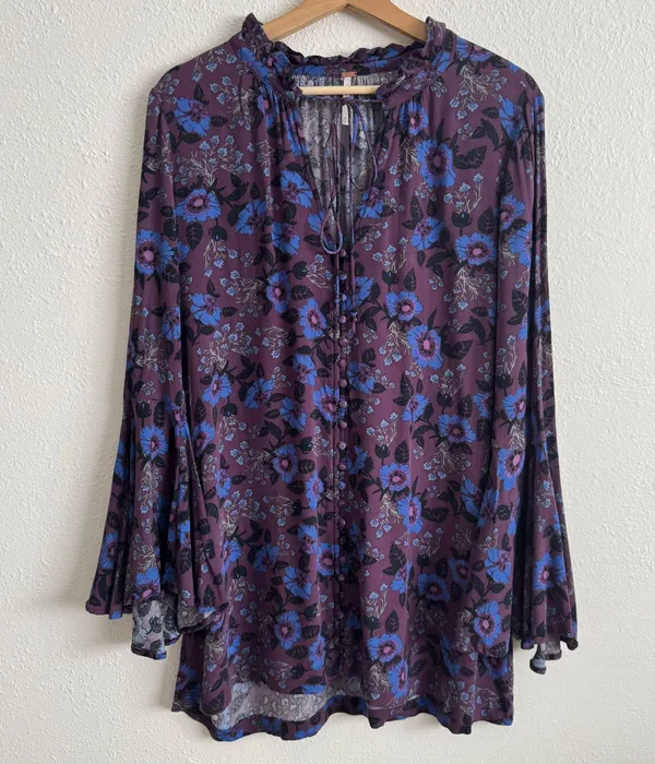 Free People Wine Purple Blue Boho Floral Mystery Bell Sleeve Tunic Blouse - Image 4