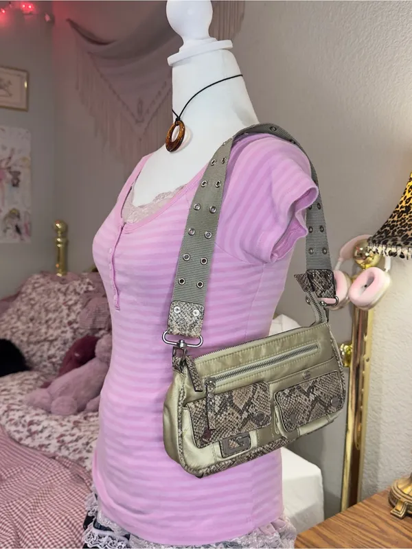 Y2K Guess Olive Green Snake-Trim Shoulder Bag - Image 2