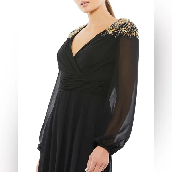 Mac Duggal Embellish Shoulder Black Blouson Sleeve Formal‎ Evening Gown Sz 8 NWT - Image 3