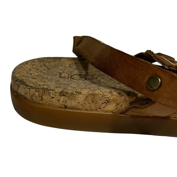 UGG Women Brown Leather Cork Footbed Medallion Thong Ankle Strap Sandals 8 - Image 7
