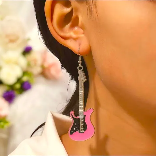 Electric guitar silver plated pink‎ dangle drop earrings faux fashion jewelry - Image 9