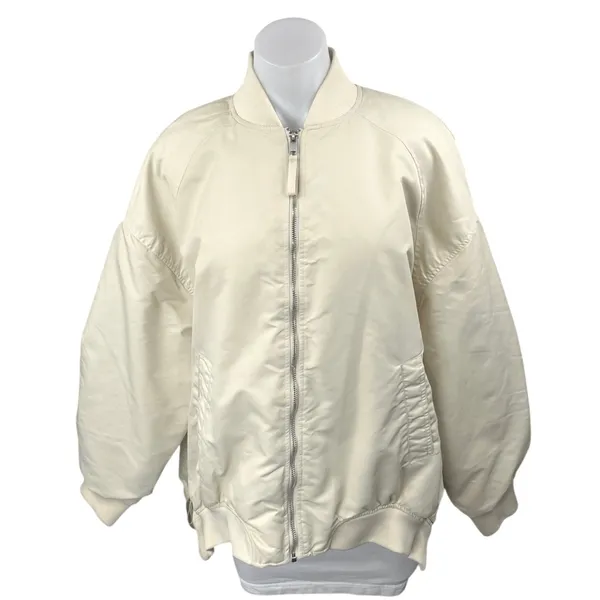 Zara Women's White Oversized Long Sleeve Pockets Full Zip Bomber Coat Jacket L - Image 3