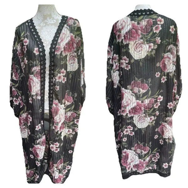 LuLaRoe Black Rose Floral Kimono Lace Duster XL Boho Whimsigoth Resort Cruise Cover Up - Image 2