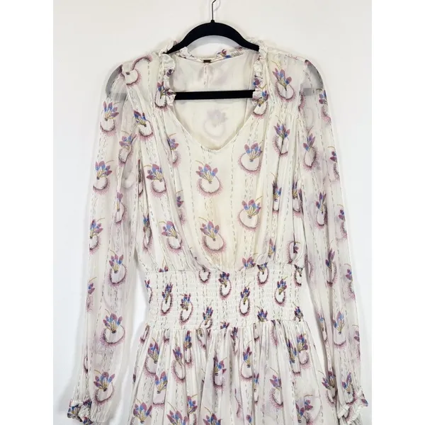 Free People Mini Dress Beige Wild Horses Dreamcatcher V Neck Smocked Medium - Image 7