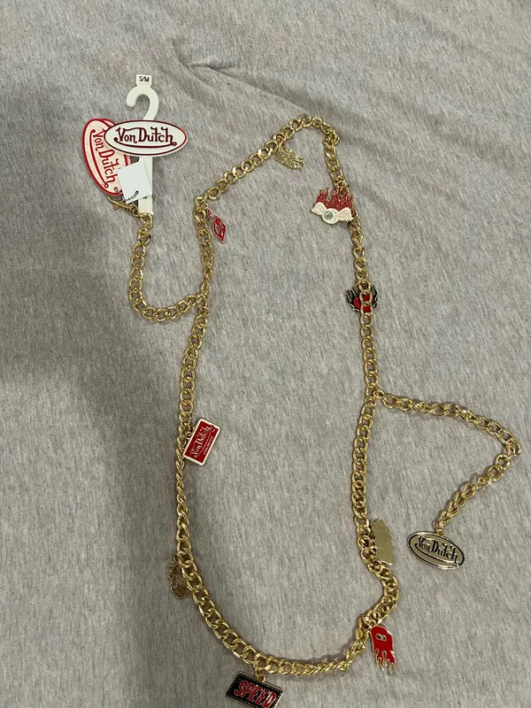 Von Dutch Gold-Tone Charm Chain Belt Necklace - Red & Gold Size S/M - Image 7