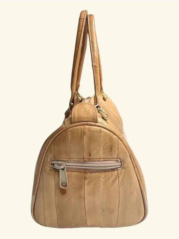 VTG Camel Eel Skin Leather Satchel Top Handle Tote Bag Neutral Minimalist - Image 6