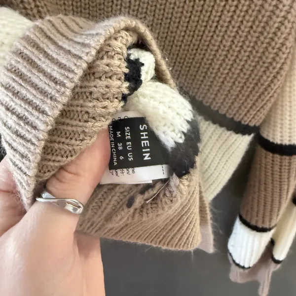 SheIn Preppy Womens Striped Mock‎ Neck Chunky Knit Sweater Beige Cream Black Size M - Image 5