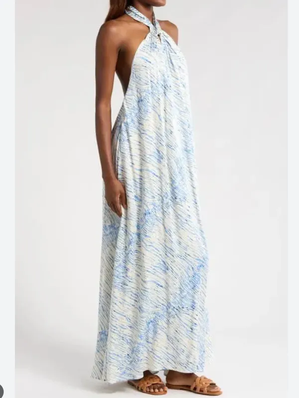 ELAN Stripe Halter Maxi Dress - Blue Sahara, Large, NWOT - Image 2