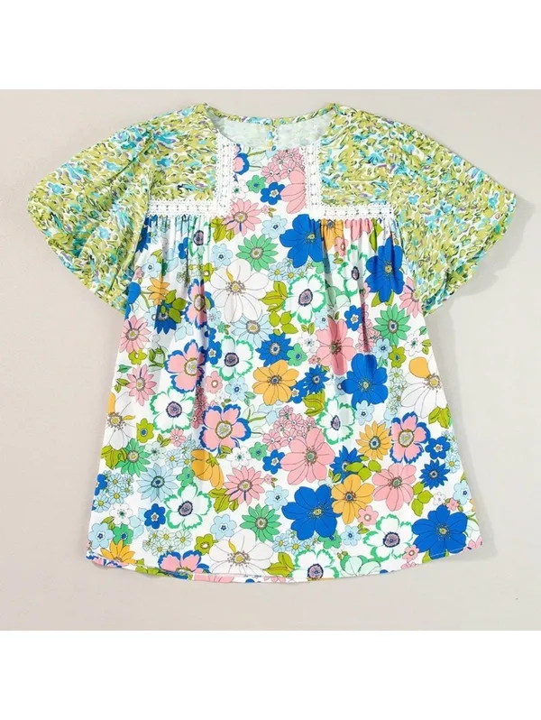 Floral Retro Dopamine Fairycore Bubble Sleeve Lace Coquette Blouse medium - Image 3