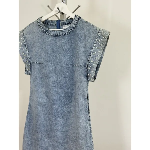 Vintage LALA FACTORY Acid Wash Pearl Beaded Sleeve Denim Mini Shift Dress Size S - Image 3