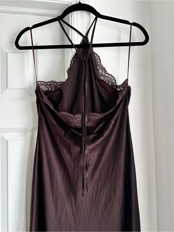 Reformation Aara Silk Halter Maxi Dress Chocolate Brown - Image 6