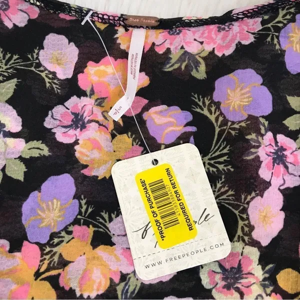 FREE‎ PEOPLE Maybel Sheer Floral Tie Front Peplum Top Crop Black Pink Small New - Image 7