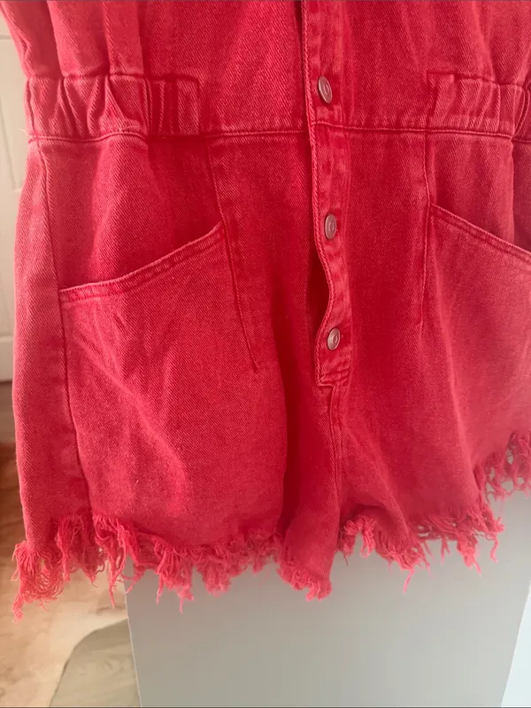 Peach Love California Red Denim Utility Romper Size Medium Western Boho - Image 5