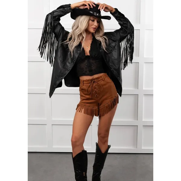 Oversized Fringe Black Button Front Faux Leather Coat Jacket Sz S Western Boho - Image 2