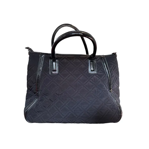 Vera Bradley Black Quilted Microfiber Tote‎ Bag Patent Trim Colorful Leaf Lining - Image 9