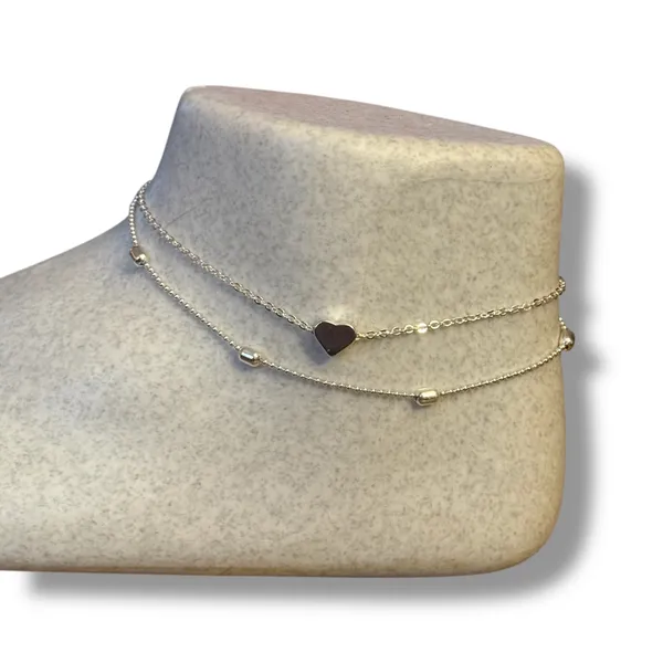 Silver tone double chain heart anklet - Image 2