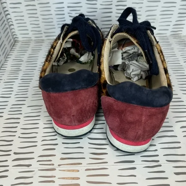 Boden‎ Womens Leopard Calf Hair Suede Sneakers Brown Navy Burgundy Lace Up 37/6 - Image 5