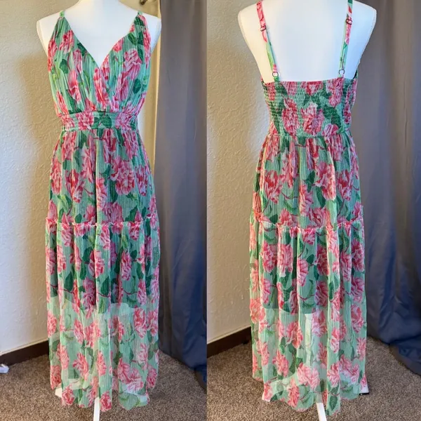 Lapis Womens‎ Floral Pleated Mesh Maxi Dress Pink Green Smocked Waist Medium - Image 2