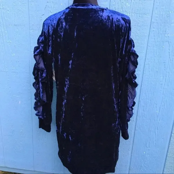 NWT Kaktus Crushed Velvet Navy Ruffle Dress S v6x - Image 4