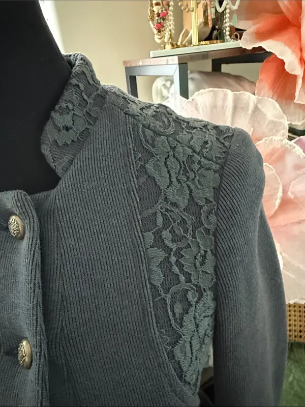Free People We The Free Victorian Lace Gray Ribbed Peplum Military Band Jacket - Image 3