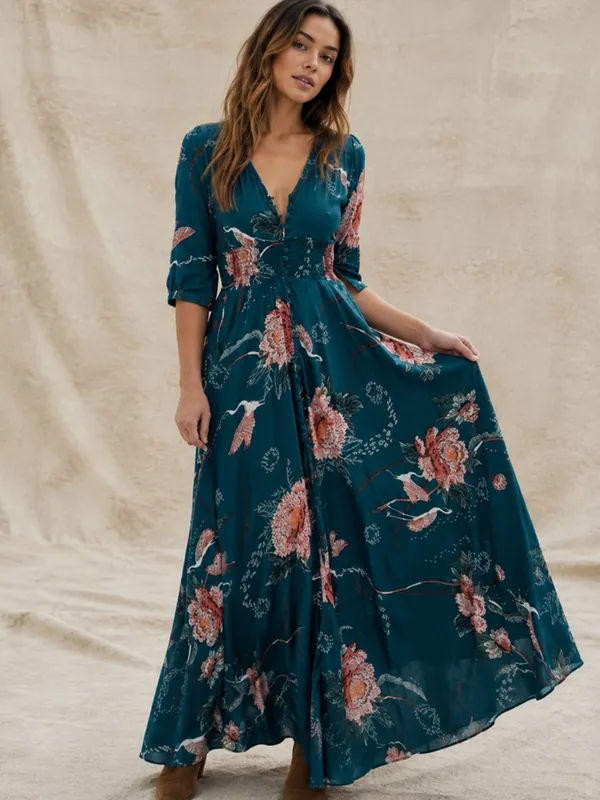 Jaase Maxi Dress XS Teal Floral Boho Autumn Wedding Guest Smocked V-Neck - Image 3