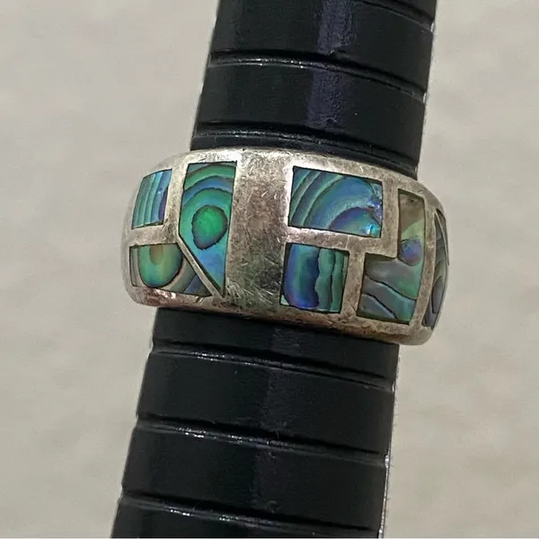 Vintage NE 925 Signed Sterling Silver Abalone Inlay Ring Band Size 6.5 5.9g - Image 14