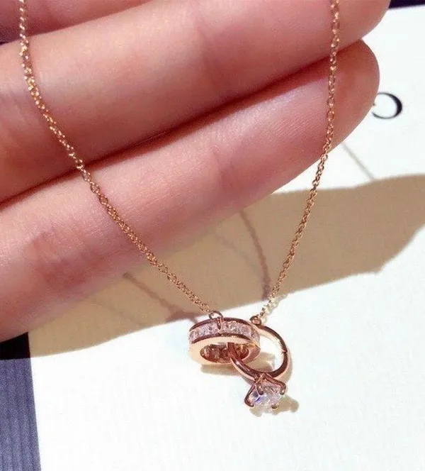 14K Rose Gold Plated Double Rings Pendant Necklace for Women - Image 2