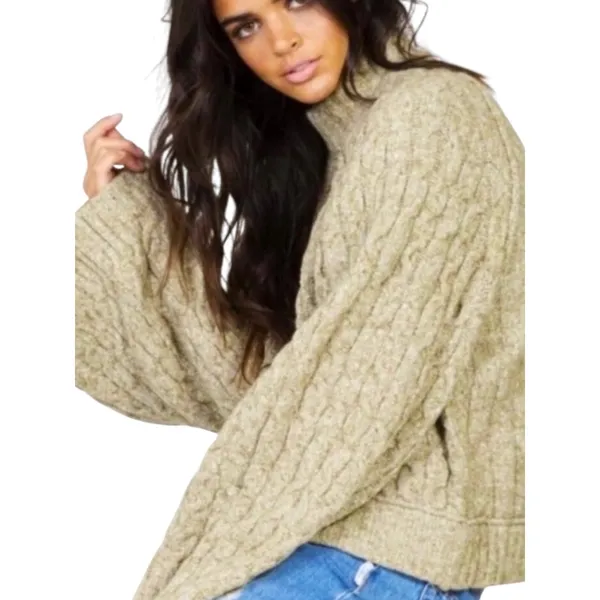 Free People Snow Bird Cable Knit Bell Sleeve Mock Neck Sweater Olive Green Large - Image 2