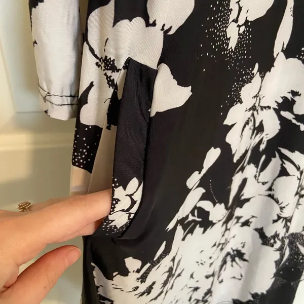 EUC Vintage R & B collection women’s black white‎ floral collared button dress L - Image 7