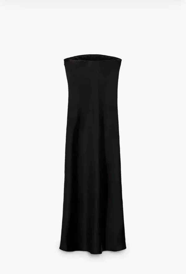 Zara Elegant Black Strapless Satin Midi Evening Dress - Image 7