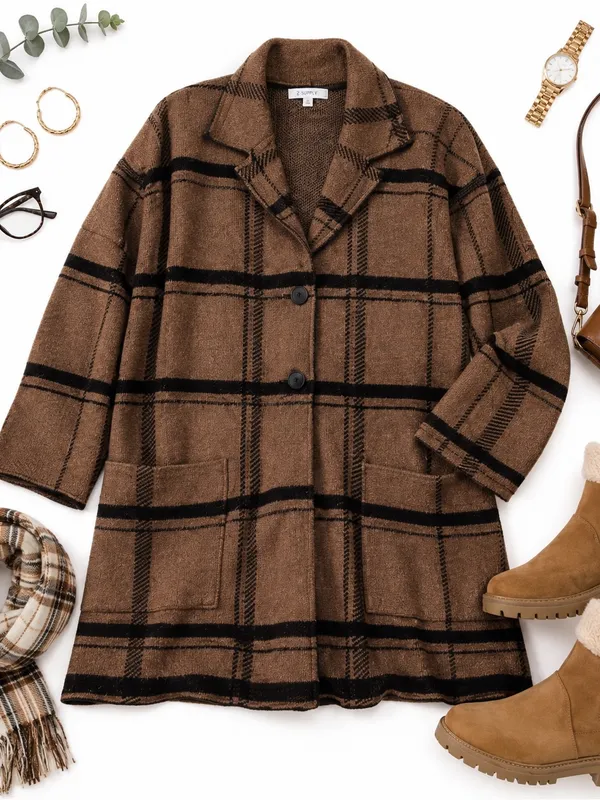 Z Supply Plaid Sweater Jacket Brown Black Button Front Shacket Cozy Medium EUC - Image 12