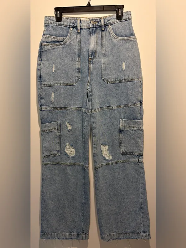Avec Les Filles RIOU High Rise Wide Leg Cargo Jeans Tunnel Destructed Wash SZ 27 - Image 3
