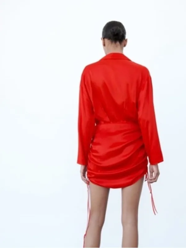 Zara Women’s Bright Red Long Sleeve Wrap-Style Mini Dress with Ruched Drawstring - Image 2