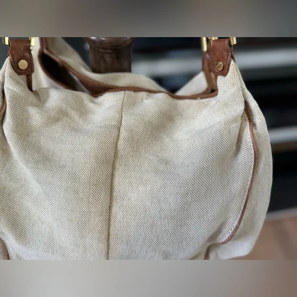 Tory Burch Shoulder Bag Canvas Leather Gold Logo Handbag Ladies Natural/Brown - Image 3