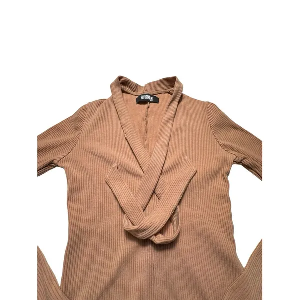 Reformation Size Small Ribbed Tie Neck Covered Back Brown‎ Bodysuit #Z4-5 - Image 2