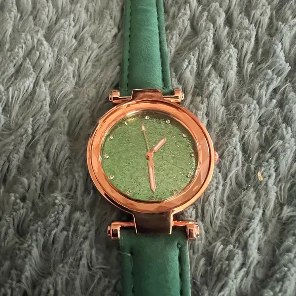 Unisex Green Leather Band Watch with a hint of Sparkle - Image 2