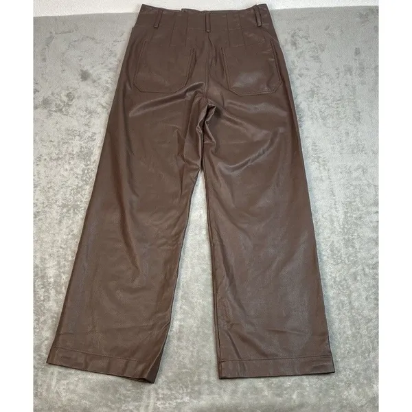 Anthropologie Wide-Leg Pants Brown Faux Leather Stretch Pockets Women's Tall 28T - Image 11