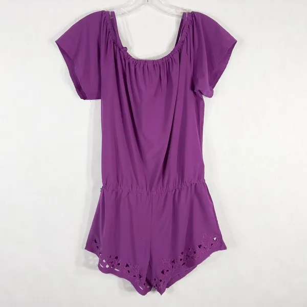 Fabletics XS Romper Perforated‎ Legs Purple Off Shoulder Short Sleeve 1304 - Image 2
