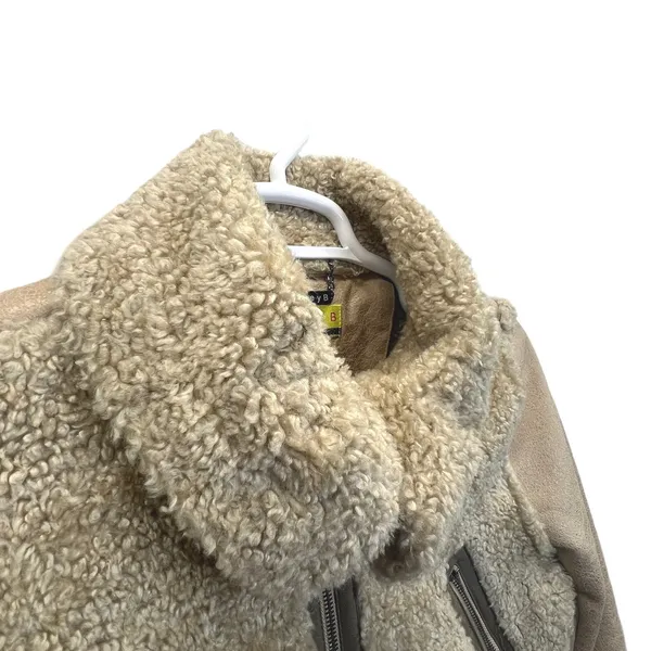 Ashley B Jacket Aviator Faux Shearling Cropped Zippers Biker Moto Beige‎ Size M - Image 6