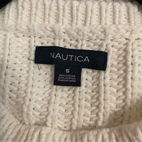Nautica Cable Knit Sweater Womens Size Small White Crew‎ Neck Pullover Classic - Image 3
