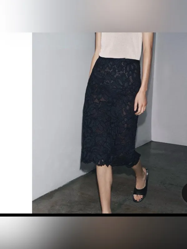 Zara‎ navy blue embroidery lace midi skirt - Image 2