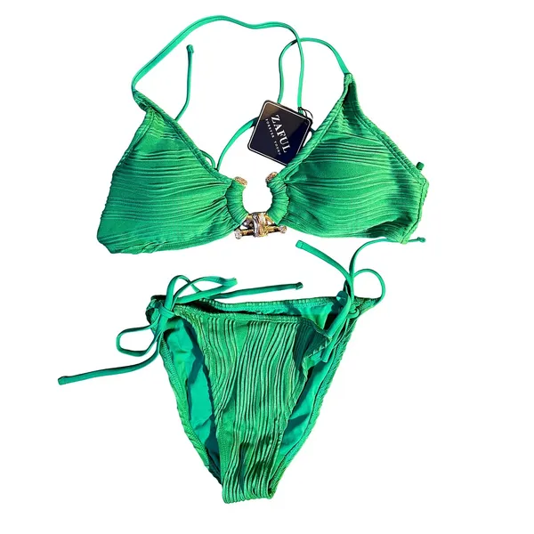 NWT‎ ZAFUL Green Ribbed Metal O Ring High Cut Side Tie Thong Bikini Set Med - Image 5