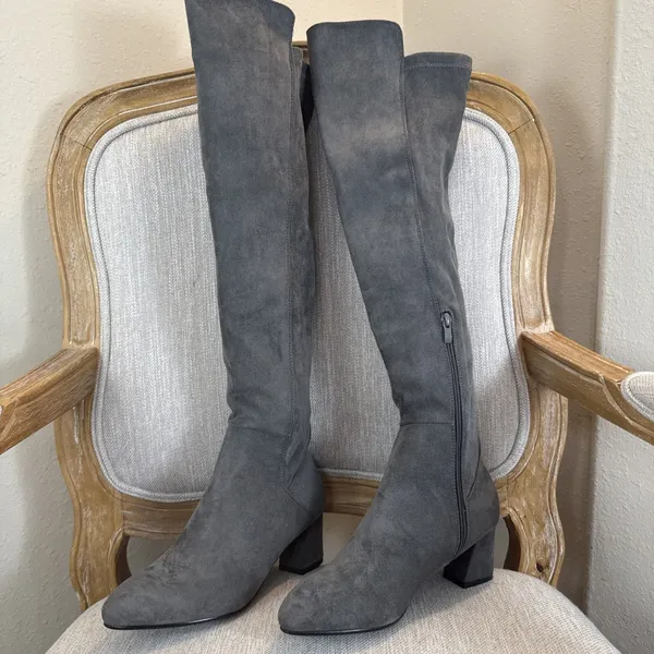 Grey faux Suede Over the Knee Boots Block Heel OTK Charcoal Long Tall Boots 9 - Image 2