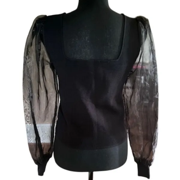 House of Harlow 1960 Black Sheer Sleeve Top Square Neck Knit M - Image 4