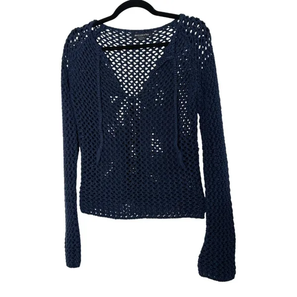 Abercrombie & Fitch Navy Blue Open Knit V Neck Bell Sleeve Sweater Size Medium - Image 2