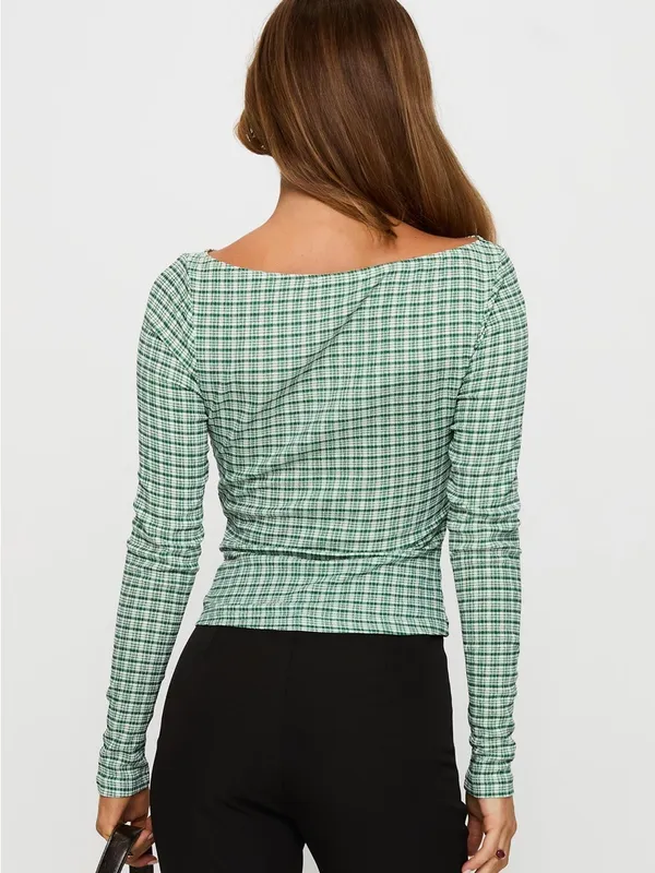 Princess Polly Every Second Boat Neck Long Sleeve Top Green Check - Image 4