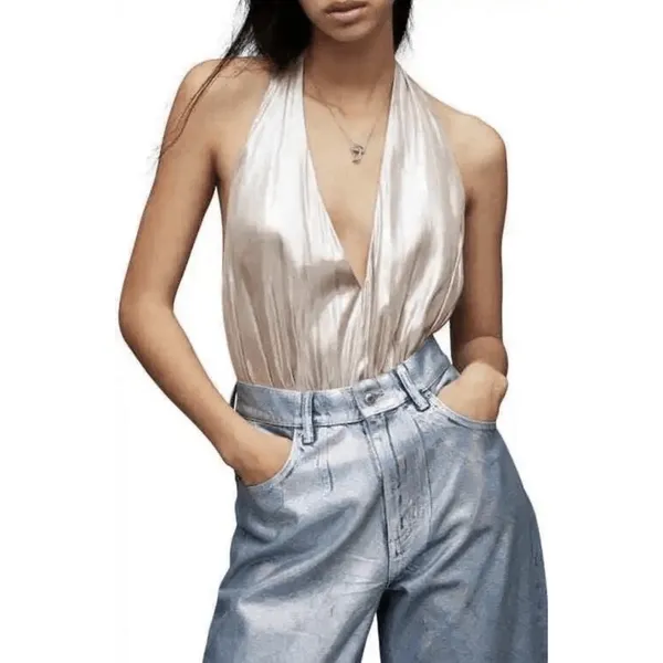 Allsaints Dora champagne bodysuit One Piece Size 10 MSRP‎ $169 Metallic Halter - Image 4