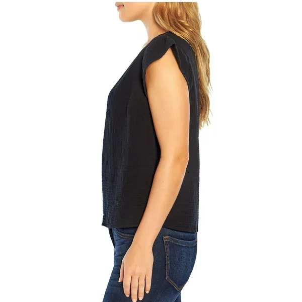 Three Dots Womens V-Neck Gauze Shirt Size S Double Layer Cotton Short Sleeve - Image 6