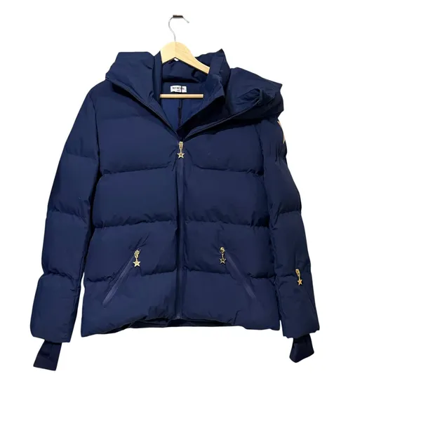 Meet Me There Womens Navy Blue Star Puffer Ski Jacket Hooded Size S/M NEW - Image 2
