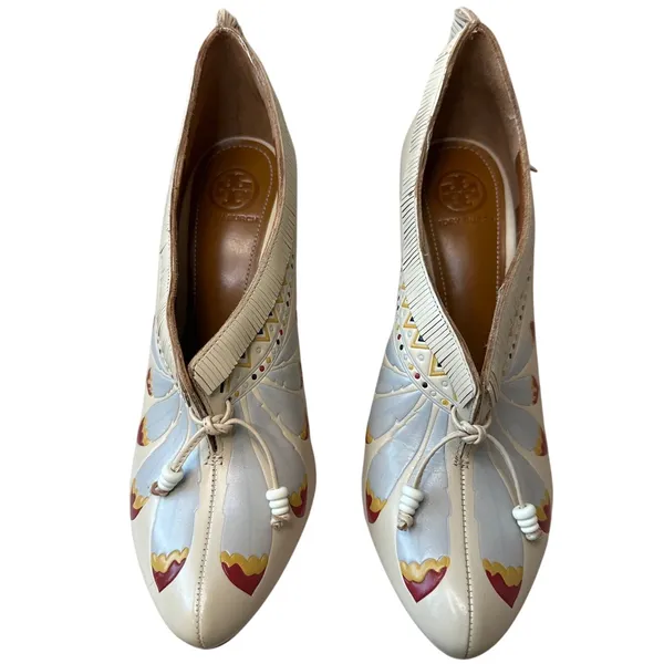 Tory Burch Yuma Fringe Feather Heel 7.5 Folk Art Block‎ Pump - Image 2